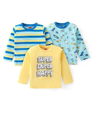 Babyhug Cotton Knit Full Sleeves T-Shirt with Striped & Text Print Pack of 3 - Blue & Yellow