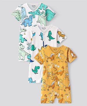 Bonfino 100% Cotton Knit Half Sleeves Rompers with Dino Print Pack Of 3 - Yellow & White