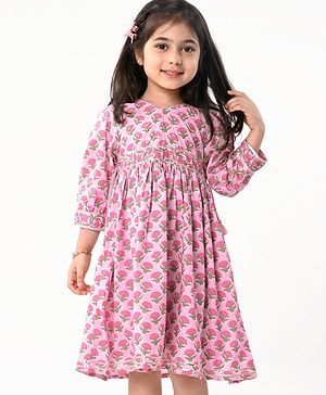 Babyhug Cotton Three Fourth Sleeves Ethnic Dress with Tassle Detailing Floral Print - Pink