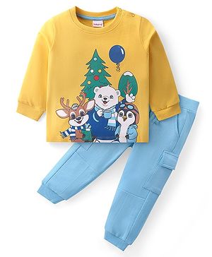 Babyhug Cotton Knit Full Sleeves T-Shirt & Lounge Pants Set With Animals Print - Yellow & Blue