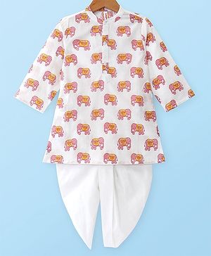 Babyhug Cotton Full Sleeves Kurta Dhoti Set Elephant Print - White