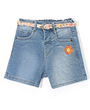 Babyhug  Mid Thigh Length Stretchable Denim Shorts With Flower Embroidery - Blue