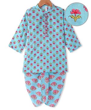 Babyhug Cotton Woven Full Sleeves Floral Printed Kurta & Dhoti Set -  Light Blue