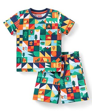 Babyhug Single Jersey Knit Half Sleeves T-Shirt and Short Set With Mountain Theme- Multicolor