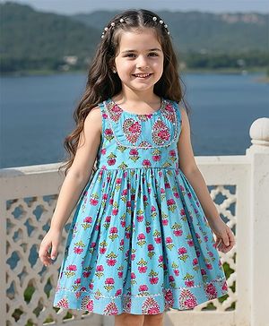 Babyhug Cotton Woven Sleeveless Ethnic Frock with Floral Print & Sequin Detailing - Blue