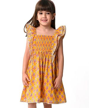 Babyhug Cotton Woven Cap Sleeves Ethinic Dress with Floral Print Ruffle Detailing -Mustard