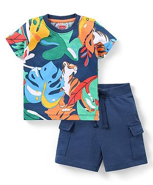 Babyhug Single Jersey Knit Half Sleeves T-Shirt & Shorts Set with Tropical Theme - Multicolor
