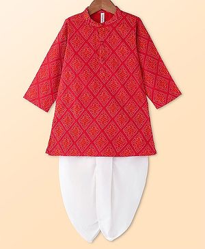 Babyhug Cotton Woven Full Sleeves Bandhani Printed Kurta With Solid Dhoti Set - Red