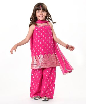 Babyhug Woven Sleeveless Brocade Kurti Palazzo & Dupatta Set Kolka Print - Fuschia