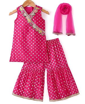 Babyhug Woven Sleeveless Floral  Foil Printed Kurti & Gharara Set with Dupatta & Sequin Embroidery Detailing  - Fuschia