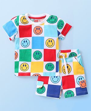 Babyhug 100% Cotton Knit Half Sleeves Emojis Printed T-Shirt & Shorts Set - Multicolor