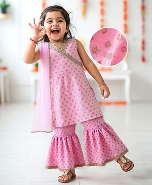 Babyhug Woven Sleeveless Floral Printed Kurta Gharara & Dupatta with Lace Detailing - Pink