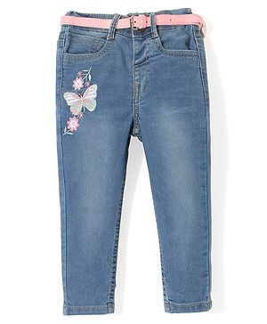 Babyhug Denim Stretchable Jeans With Butterfly Embroidery - Blue