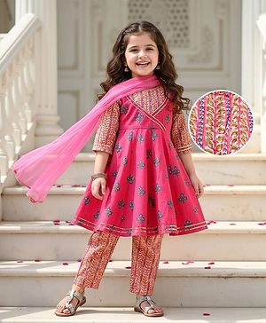 Babyhug Cotton Woven Three Fourth Sleeves  Floral Printed  Anarkali & Dupatta Suit Set - Dark Pink