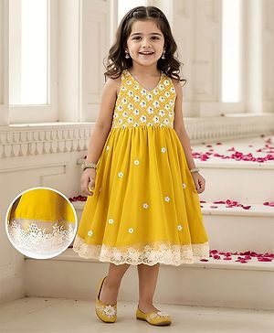 Babyhug Woven Sleeveless Floral Embroidered Ethnic Dress - Yellow