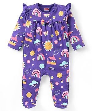 Babyhug Cotton Knit Full Sleeves Sleepsuit With Rainbow Print = Purple