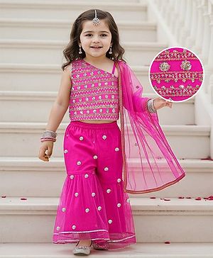 Babyhug Woven Sleeveless Sequin Embroidered One Shoulder Top With Palazzo & Dupatta- Fuschia