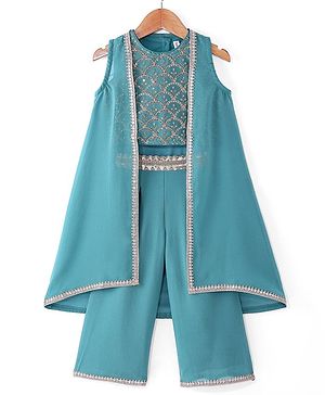 Babyhug Georgette Woven Sleeveless Sequinned Floral Embroidered Top & Palazzo Set with Lace Detailed  Shrug -  Teal Blue