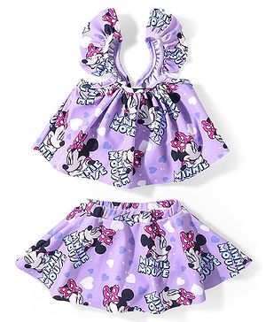 Babyhug Disney Frilled Sleeves Two Piece Swimsuit With Minnie Mouse Print - Purple