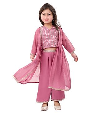 Babyhug Woven Three Fourth Sleeves Embroidered Top & Palazzo Set with Shrug Foil Embroidery - Rose Gold
