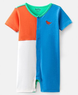 Bonfino 100% Cotton Knit Half Sleeves Color Block Romper with Dino Embroidery - Blue Orange & White