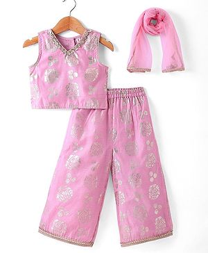 Babyhug Sleeveless Sequinned  Embroidered Top with Sharara & Dupatta Indowestern Set - Pink