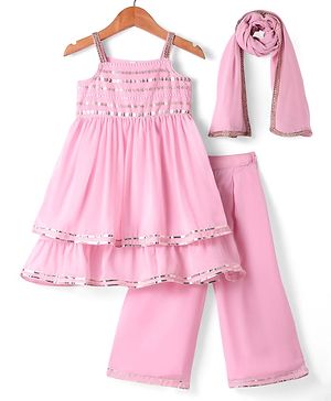 Babyhug Georgette Woven Singlet Sleeves Sequin Embroidered Kurti Palazzo Set with Dupatta - Pink