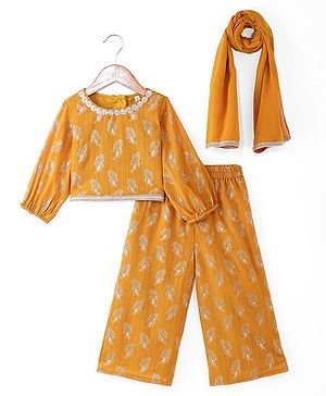 Babyhug Georgette Woven Full Sleeves Leaves Printed Sequined Embroidered  Top & Palazzo Set with Dupatta - Mustard
