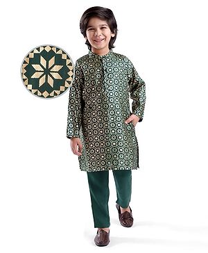 Babyhug Woven Full Sleeves Floral Foil Printed Kurta Pyjama Set - Dark Green