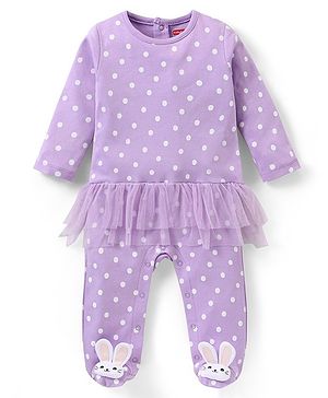 Babyhug Cotton Full Sleeves Lace Embellished Sleepsuit With Polka Dots Print - Lavender
