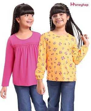 Honeyhap Premium 100% Cotton Full Sleeves Floral Print Top with Bio Finish Pack of 2 - Golden Cream & Cabaret Pink