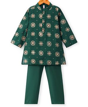 Babyhug Woven Floral  Full Sleeves Mandarin Collar Foil Printed Kurta & Pyjama Set - Green