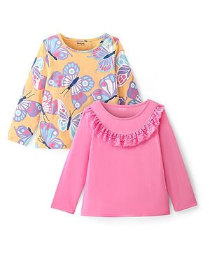 Honeyhap Premium 100% Cotton Full Sleeves Butterfly Print & Lace Detailing Top with Bio Finish Pack of 2 - Sachet Pink & Buff Orange