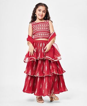 Babyhug Sleeveless Embroidered Choli & Tiered Lehenga Set with Dupatta - Red