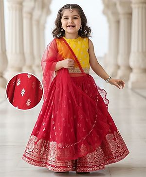 Babyhug Sleeveless  Brocade Choli Lehenga & Dupatta Set - Yellow & Red