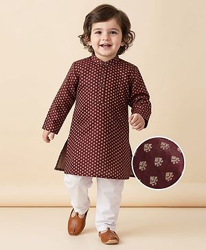Babyhug Cotton Woven Full Sleeves Kurta & Pyjama Set With Floral Foil Print - Wine