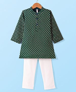 Babyhug Woven Full Sleeves Foil Printed Kurta Pajama Set - Dark Green