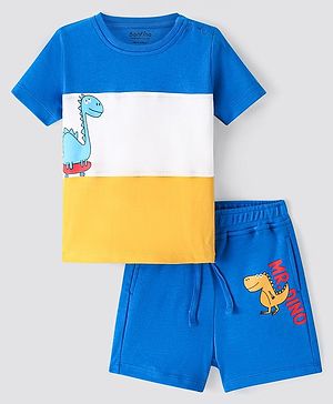 Bonfino 100% Cotton Knit Half Sleeves Color Block T-Shirt & Shorts Sets With Dino Print - Blue White & Yellow