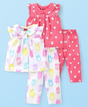 Babyhug Cotton Knit Frill Sleeves Peter Pan Collared Night Suit With Polka Dot Print Pack of 2- Pink & White