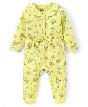 Babyhug Cotton Full Sleeves Sleepsuit With Floral Print - Green