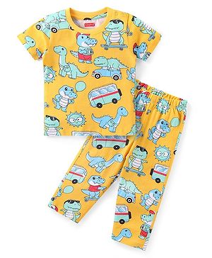 Babyhug Cotton Knit Half Sleeves Night Suit With Dinosaur Print - Yellow