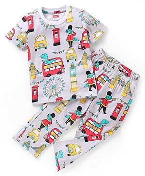 Babyhug Cotton Knit Half Sleeves Night Suit With London City Print - White