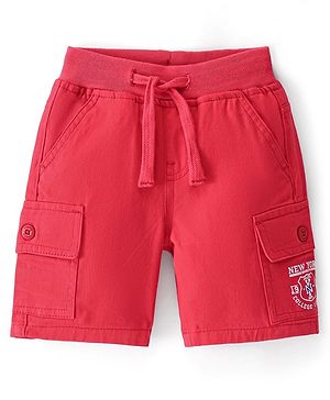 Babyhug 100% Cotton Woven Above Knee Length Bermuda with Stretch & Text Print - Red