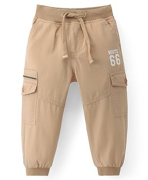 Babyhug Cotton Woven Full Length Ribbed Waist Pant With Text Print - Khaki