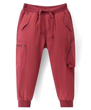 Babyhug Cotton Woven Full Length Stretchable Trouser with Cargo Pockets Solid Colour - Red