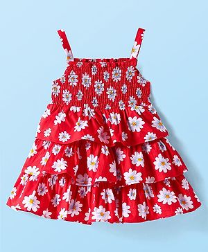 Babyhug Rayon Woven Sleeveless Frock With Floral Print - Red