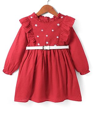Babyhug Cotton Knit Full Sleeves Frock With Frill Detailing & Floral Embroidery -  Red