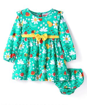 Babyhug Single Jersey Knit Full Sleeves Floral Printed Frock With Bloomer - Sea Green