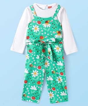 Babyhug Single Jersey Knit Jumpsuit & Full Sleeves T-Shirt With Floral Print - Green