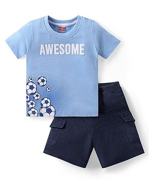 Babyhug Cotton Knit Half Sleeves Text & Football Printed T-Shirt & Shorts Set - Blue